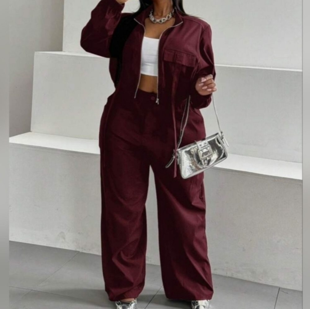 Womens Deep Red Zip Front Crop Jacket With Wide Leg Pants Two-piece Set Sz Xl